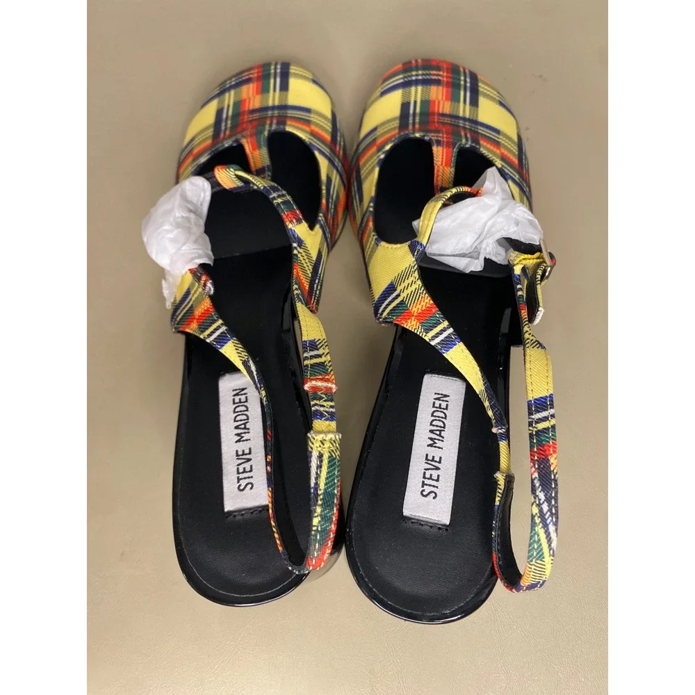 New Steve Madden Yellow Plaid Block Heel Slingback Pumps Mules 10 Punk Preppy